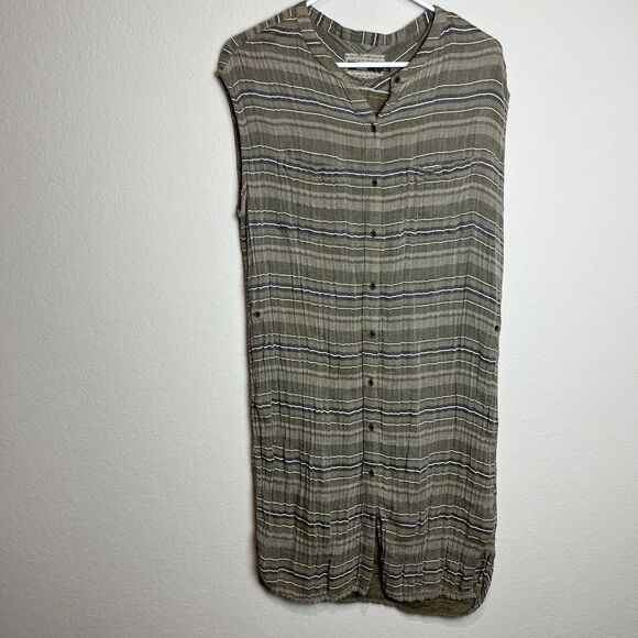 Dresses & Skirts - PrAna Shirt Dress Womens L Green Striped Snap Front Sleeveless Snap Hem Casual